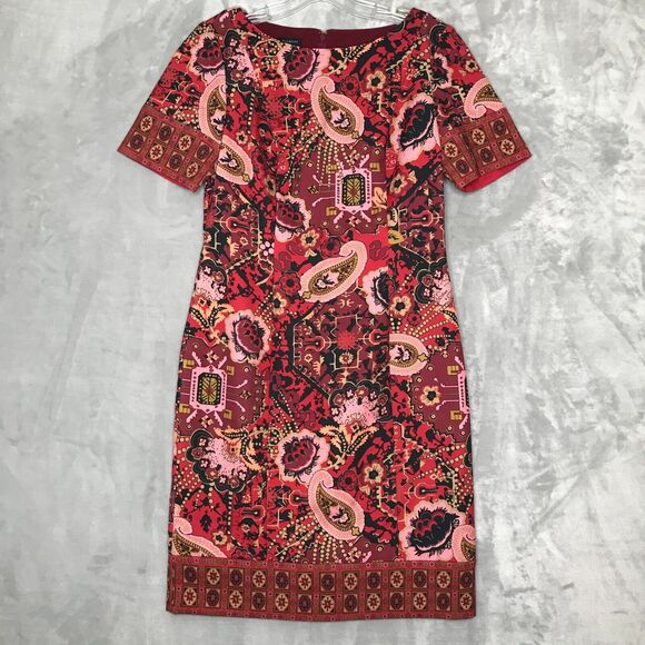 Talbots Dresses & Skirts - Talbots Dress Womens 6 Red Multicolor Ponte Knit Sheath Short Sleeve Stretch